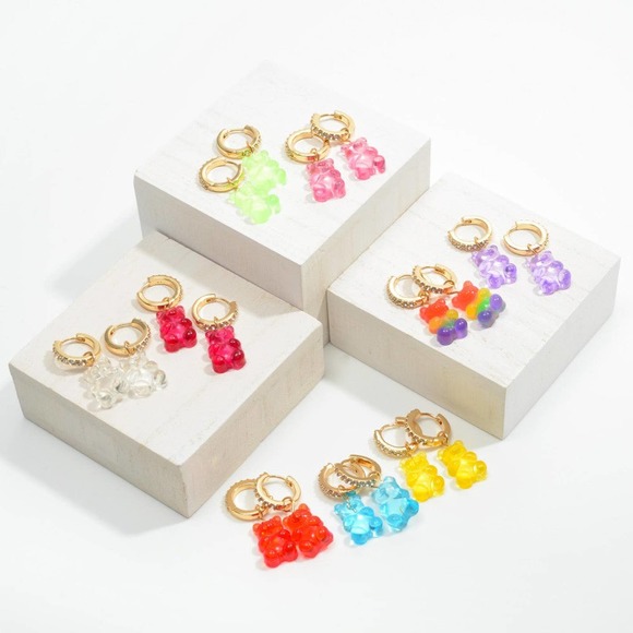 Light Green Candy Bear Charm Crystal Huggie Hoop Earrings - Picture 3 of 3